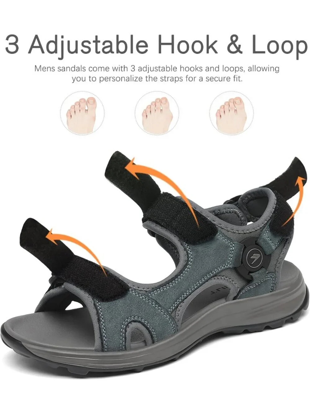 Men's Grey Adjustable Strap Open Toe Leather Athletic Sport Hiking Sandal Shoes